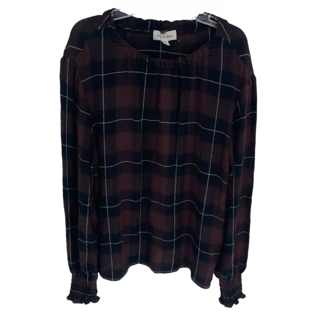 Cloth & Stone Women Top Size S Brown Black Plaid Long Sleeve Mock Neck Stretch